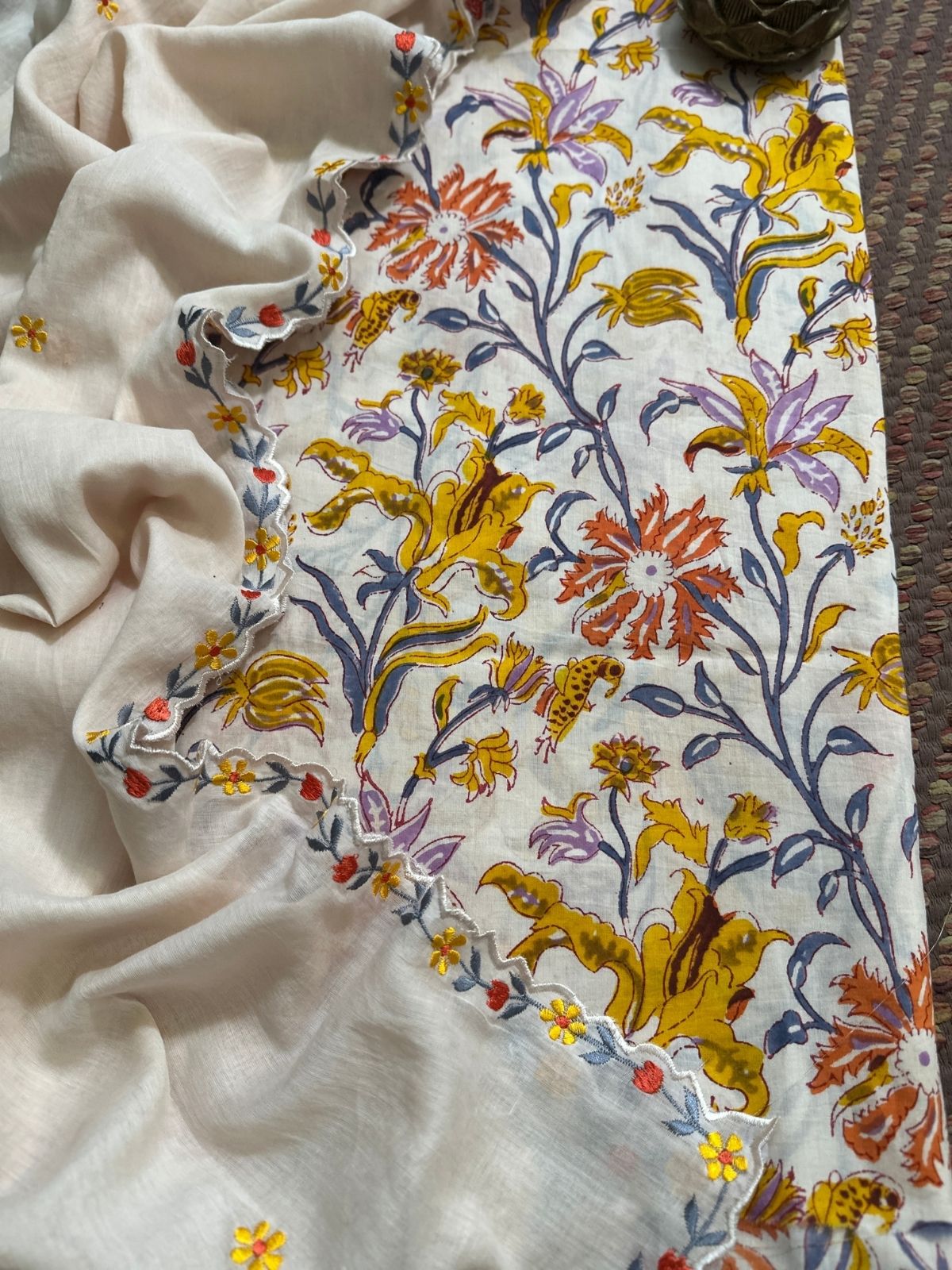 Cotton Malmal Fabric with Embroidered Malmal Dupatta Set